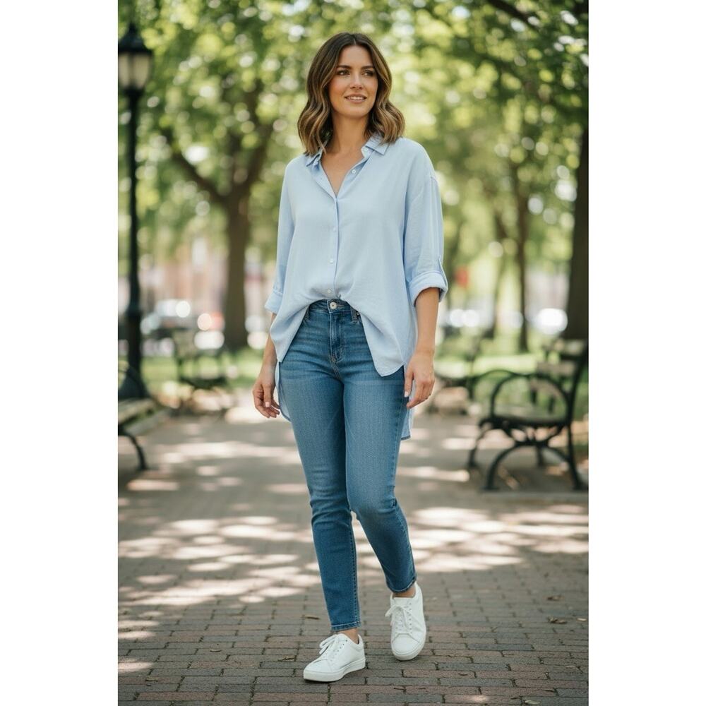 Fridaze Womens Button Down Linen Light Blue Lagenlook Top Shirt size Small